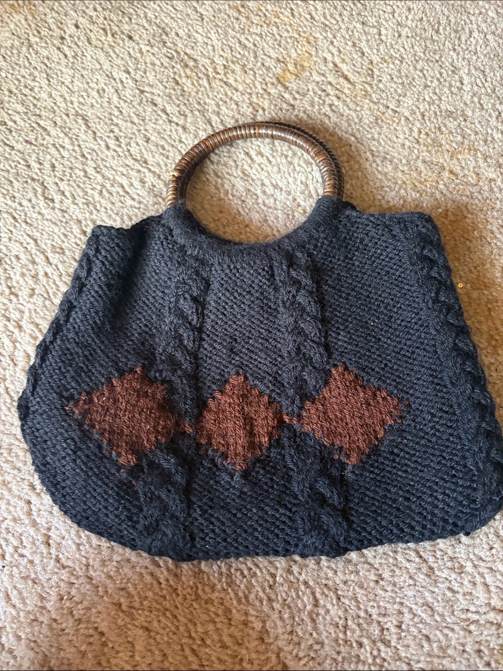 Handmade Black Knit Tote Bag with Brown Diamond Accents